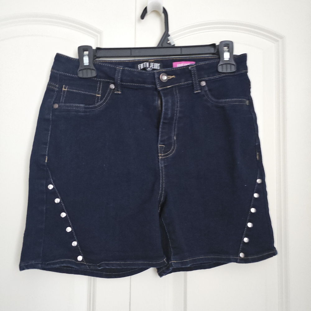 Studded High Rise Jean Shorts Dark Blue Faith Stud Shine Sz 10